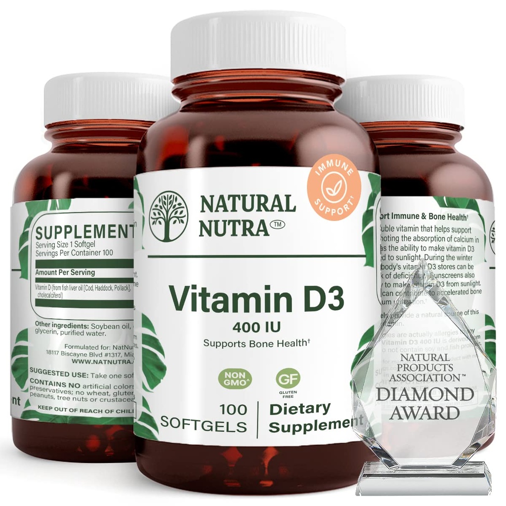 Natural Nutra Supreme Vitamin D3 400 Softgel IU, Membantu Boost Ammune, Dukung Lungs Health, Sunshine Vitamin, Membantu Meningkatkan Kesehatan Kardiovaskular, Tulang dan Kekuatan Gigi, Gluten- Bebas, 100 Softgels