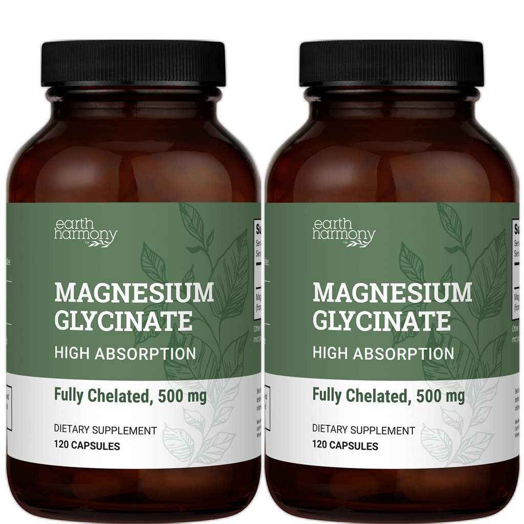 Earth Harmony Cheleated Magnesium Glycinate 500mg - 120 Capsules (2- Pack, 1000mg Total)