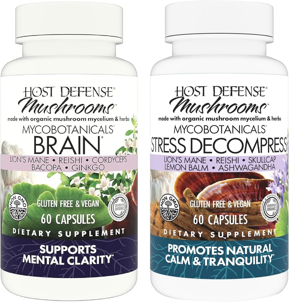 Bundle Host Defense dengan MycoBotanicals Brain * Capsules, 60 Count & MycoBotanicals Stress Decompress * Capsules, 60 Count - Dukung Memori & Fokus - Dukung Relaksasi *