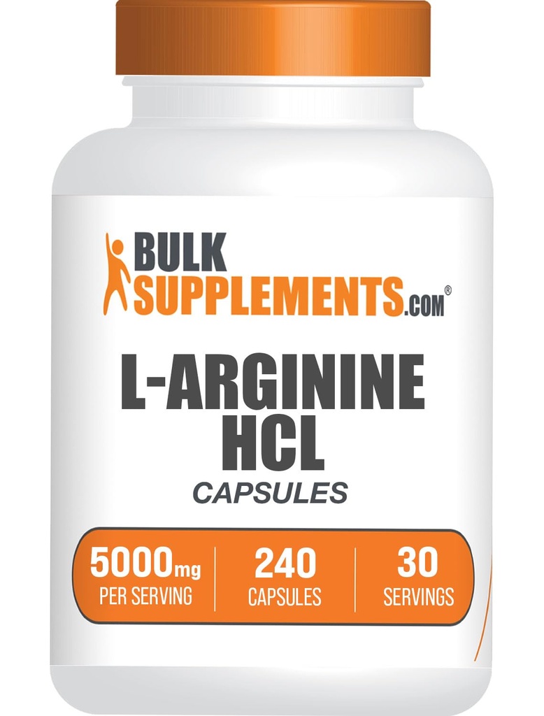 BulkSuplements.com L- Arginine HCI Capsules - Nitric Oxide Suplement, Arginine Suplemen - Gluten Bebas, 8 Kapsul per Serving (5000mg), 240 Cacah (Paket 1)