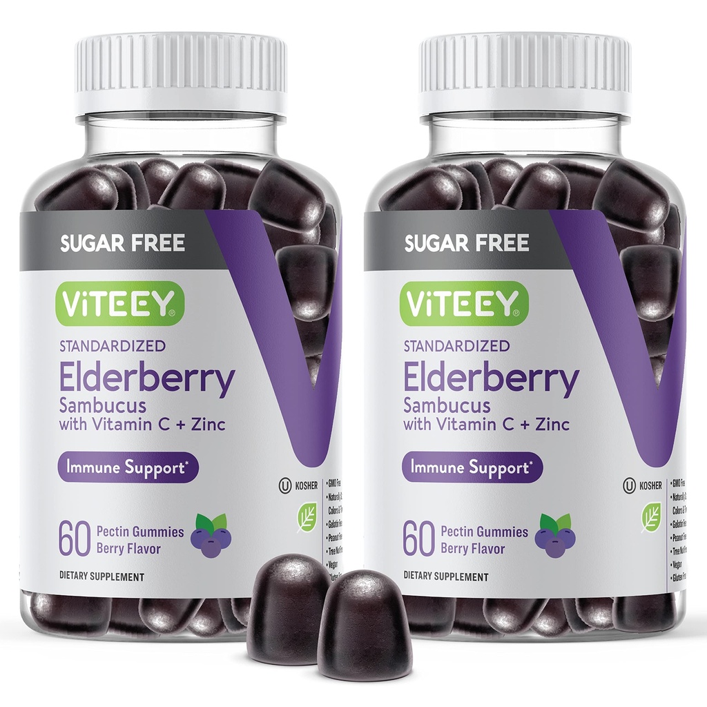 VITEEY Sambucus Elderberry Gummies for Adules & Teens + Zinc & Vitamin C - Sugar Free - Imune Support & Booster Herbal Supplemen - Vegan, Gluten Free, Gelatin Free, GMO Gratis, Chewable Berry Flavored