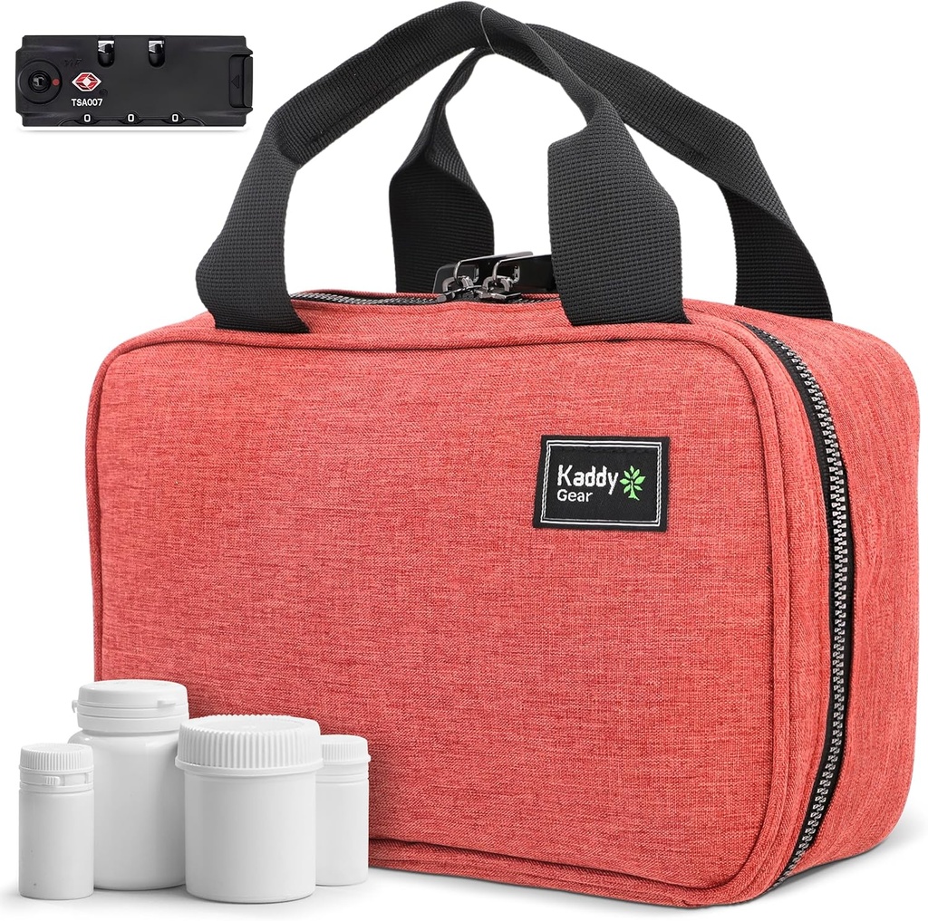 Kady Secure Pill Organizer Box, Penyimpanan untuk Botol Obat atau Suplemen; Toiletry; Perjalanan atau Rumah, TSA Aprested Lock (Merah)