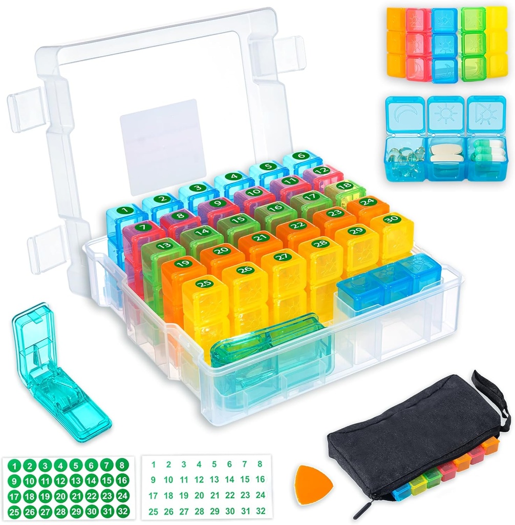 Organisasi Pil KB Monthly 3 kali sehari dengan 31- Hari Moistureproof Box, Weekly Pill Bag, Pill Cutter, Sticker, Plastic Opening Pick for Easy Use, Convenent Daily Medication Management (White)