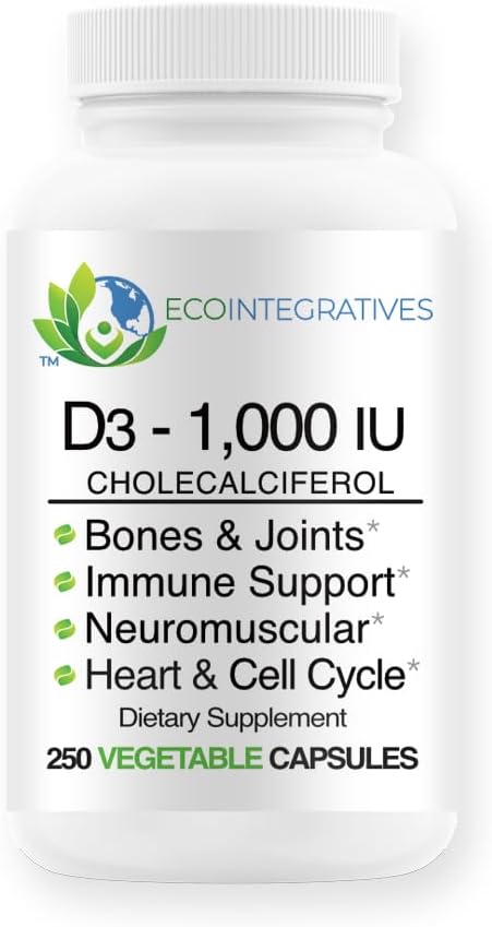 Vitamin D3- 1000 IU 25 mcg (Cholecalferiol) Hipoalergenic Dukung untuk Muscles, Bones & Teeth, Breast, Prostate, Cardiovascular, Colon & Imune Health (250 Veggie Capsules)