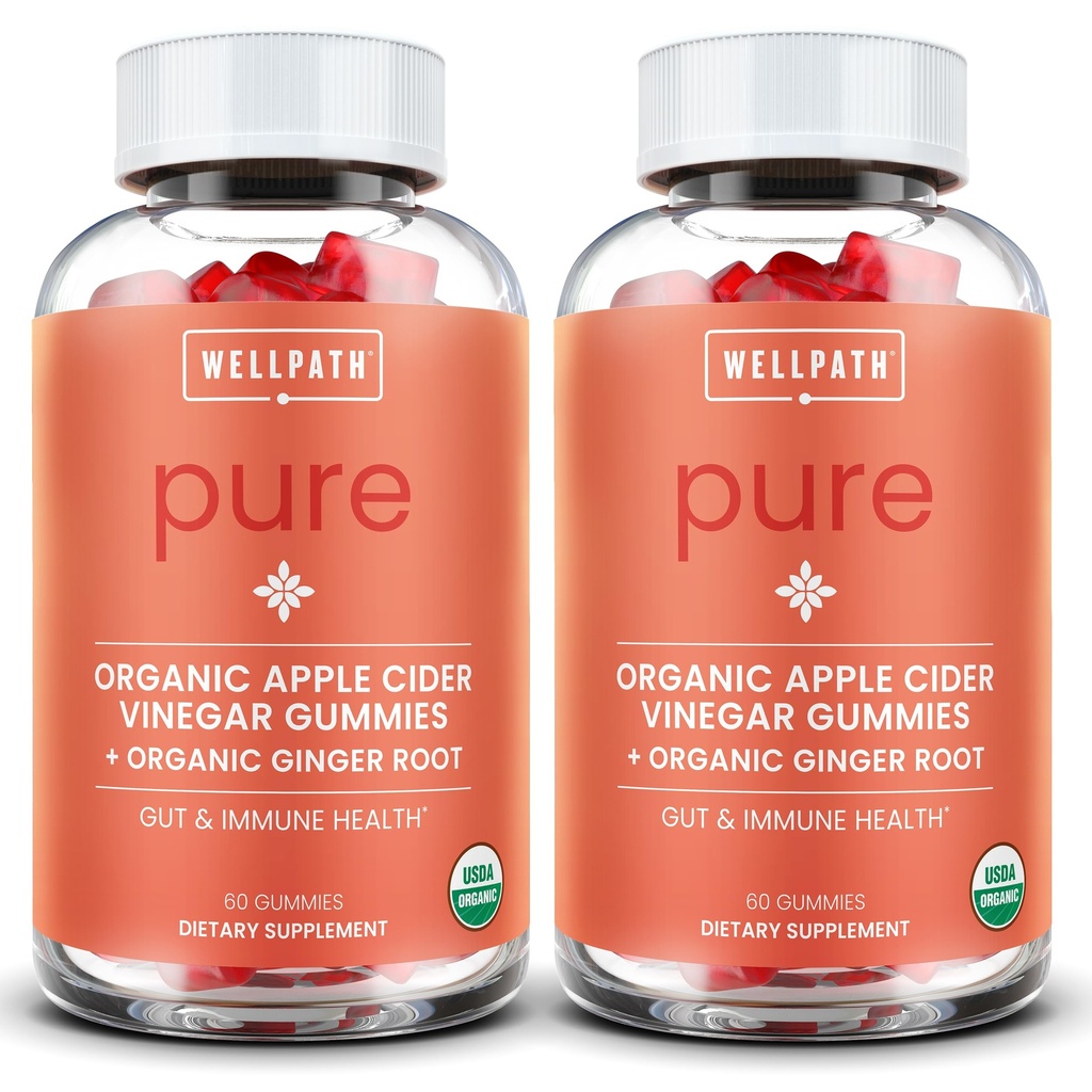 WellPath Pure ACV Gummies (2 Pack) - Apple Cider Vinegar with Mother - USDA Organic Gummy dengan Ginger untuk Gut Health 124; Vegan, Non- GMO, 120 Ct