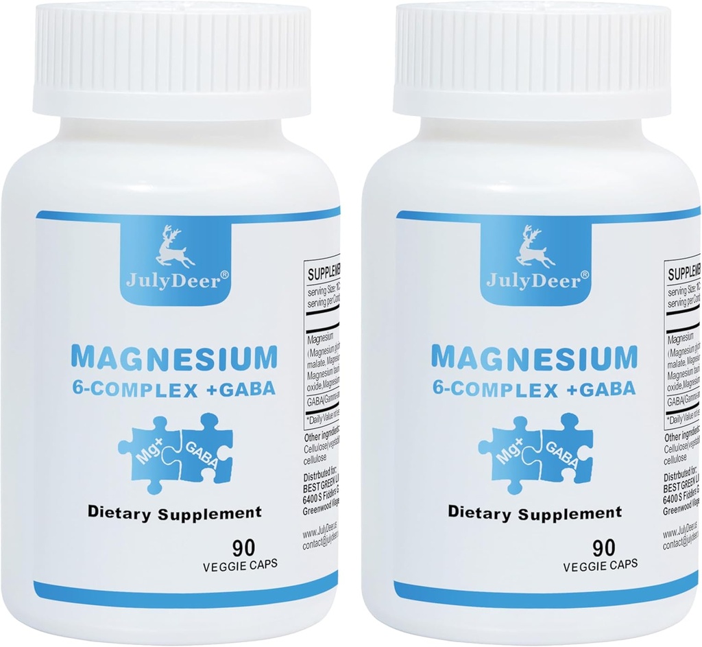2 Bottles Sixfold Magnesium Complex 126; 350mg of Magnesium Glycinate, Malate, Citrat, Taurine, Oxide, L- threonate for Muscles, Nerves, & Energy, GABA Sleep Support Glace 124; High Absorcience 124; Vegan 1244; 90 Capsules