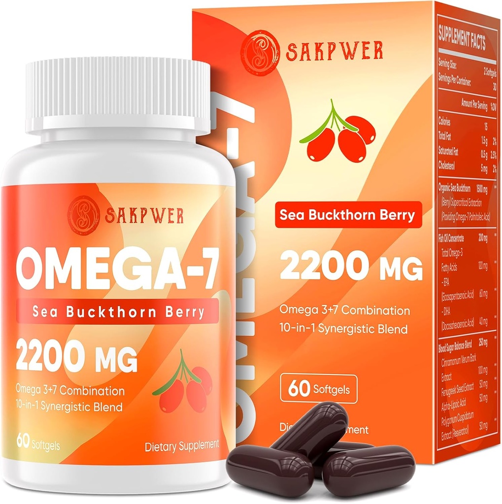 Omega-7 Sea Buckthorn Oil - dengan Omega- 3 EPA / DHA Fish Oil, Cinnamomum, Fenugreum, ALA, Tea Hijau, Cayenne Pepper, Turmeric, Resveratrol, Black Pepper - Gluten- Bebas, 60 Softgeels