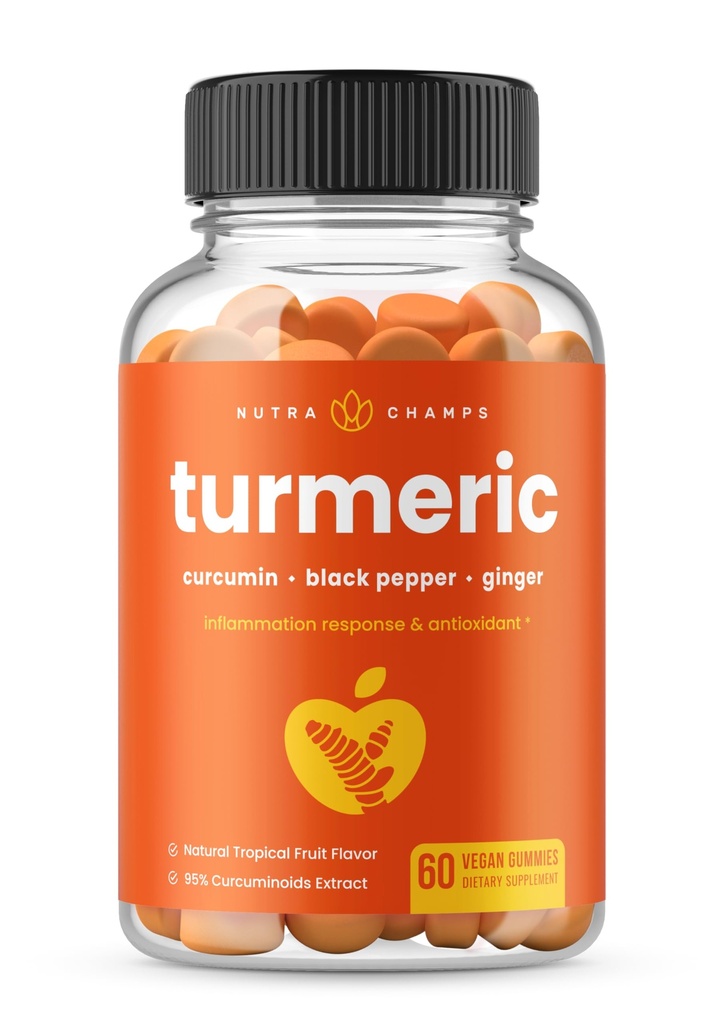 NutraChamps Turmeric Gummies for Dewata & Kid with Ginger & Black Pepper Extract, 95% Curcuminoid, Vegan Natural Curcumin Compport Complemen, Tumeric Gummy Supplemen