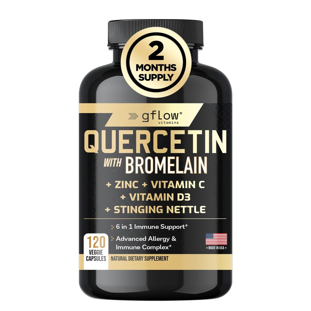 Quercetin dengan Bromelain, Menyetrum Suplemen Nettle, Zinc Vitamin C Vitamin D 14; Non-GMO, Gluten- Free 124; Dibuat di USA 124; 2 Bulan Suppply