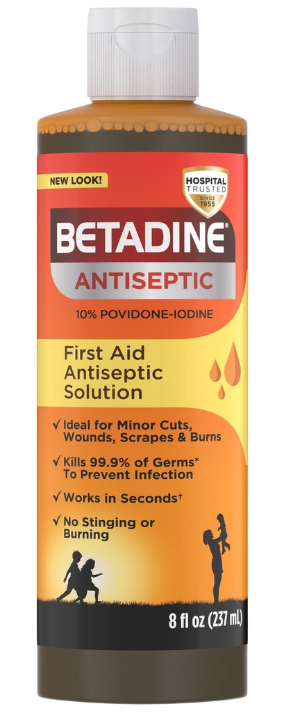 Betadine Antiseptic Aid Solution, Povidine 10%, Infeksi Protection, Kills Germs In Minor Cuts Scrapes And Burns, No Sting Promise, No Alkohol atau Hydrogen Peroksida, 8 FL OZ