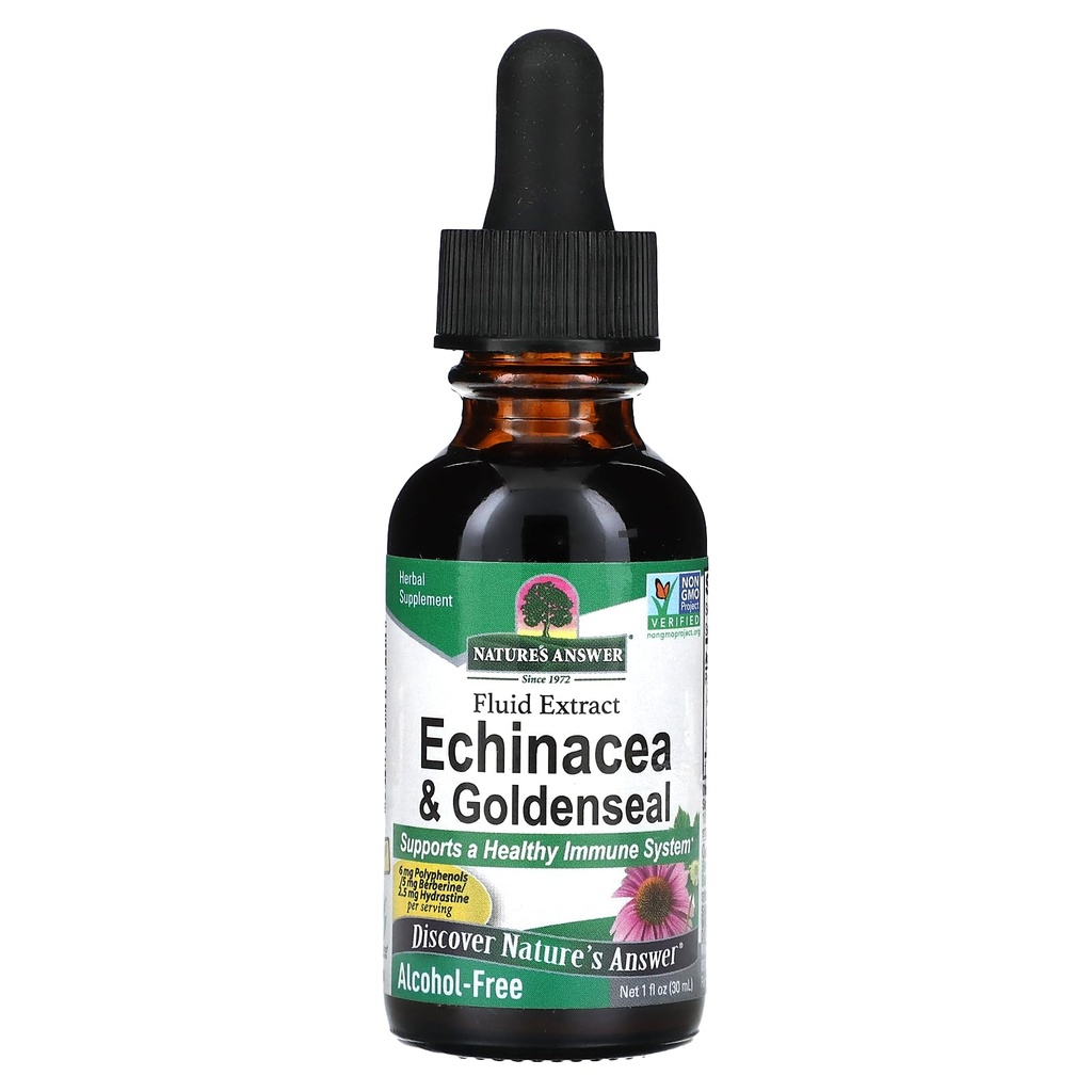Jawaban Alam Enchinacea & Goldenseal 124; Mendukung sistem kekebalan tubuh secara sehat 124; Ekstraksi Super Murni 124- Bebas, Gluten- Bebas, Vegan dan Disahkan 1oz