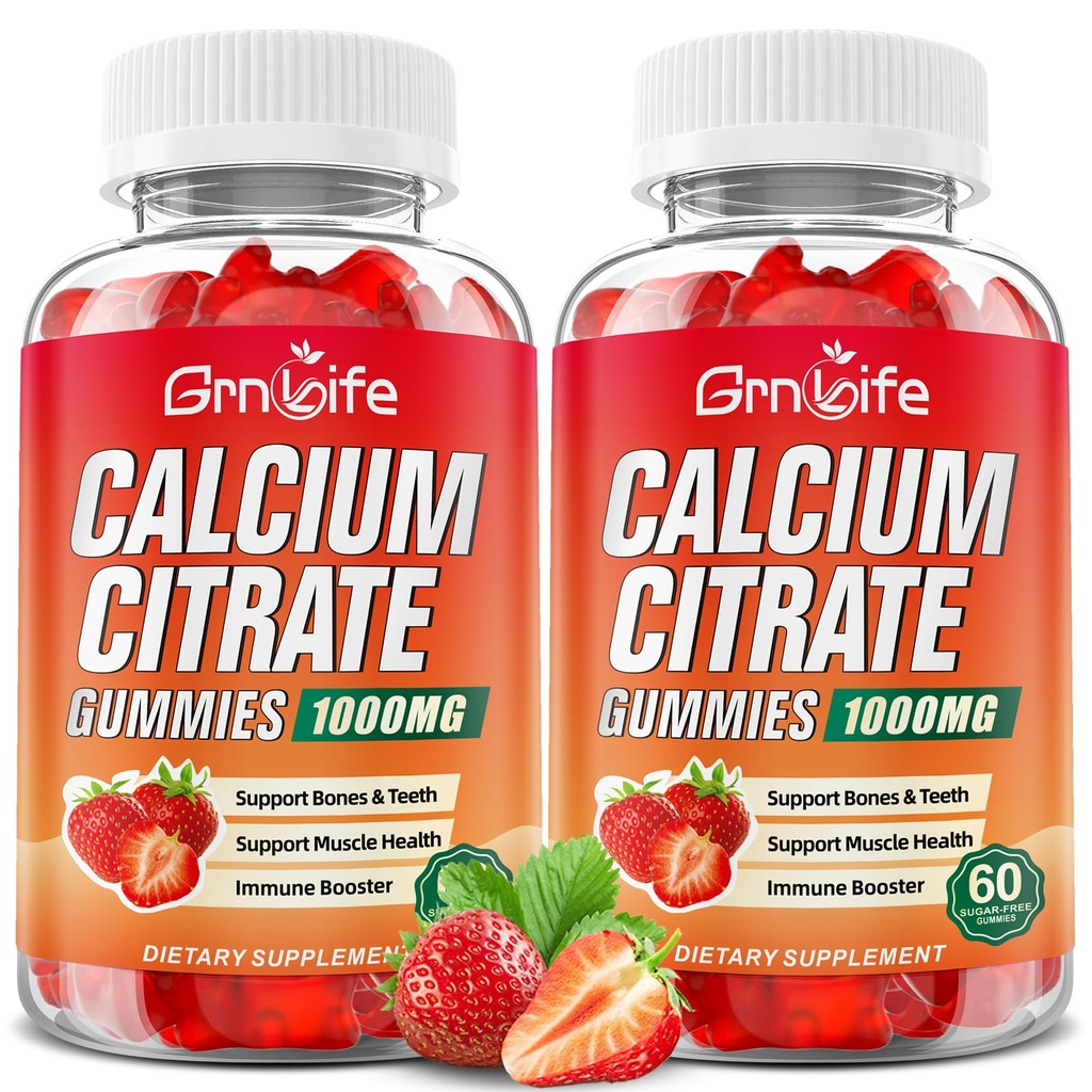 2 Pack Calcium Citrate Gummies, Sugar Free Calcium Citrate 10000mg untuk Muscle Heally, Suplemen Absorpsi Kalsium untuk Dewasa & Anak-anak, Strawberry, 120 Count