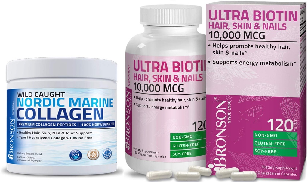 Bronson Marine Collagen Peptides Hydrolyzed Protein Powder + Ultra Biotin 10.000 Mcg Rambut Skin dan Suplemen Nails