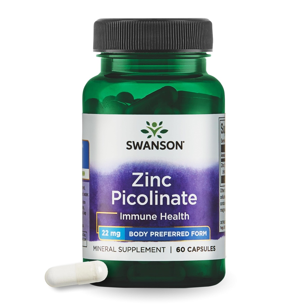 Swanson Zinc Picolinate Chlated Mineral Suplement for Adulans Seeking Ammune, Vision, and Prostate Dupport - Body- Prefered Form - 22 mg (60 Vegan Capsules)