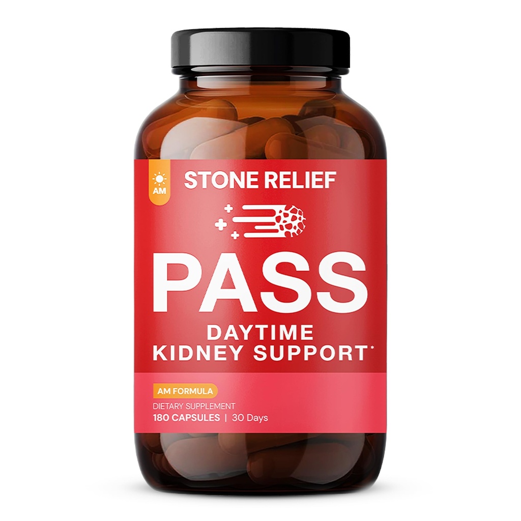 STONE RELIEF Pass AM - Daytime Herbal Kidney Dukungan untuk Relief, Comfort, & Increased Flow (180 Capsules + Stone Catcher + Print Guidebook)