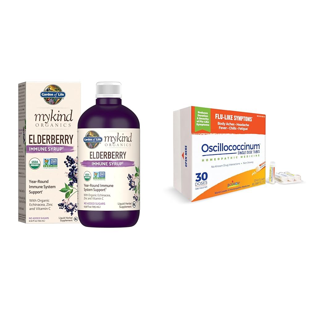Garden of Life Organics Plant - Based Elderberry Ammune Syrup 6.59 lf oz (195 Ml) & Boiron Oscillococcinum for Relief from Flulike Symtoms of Body Aches