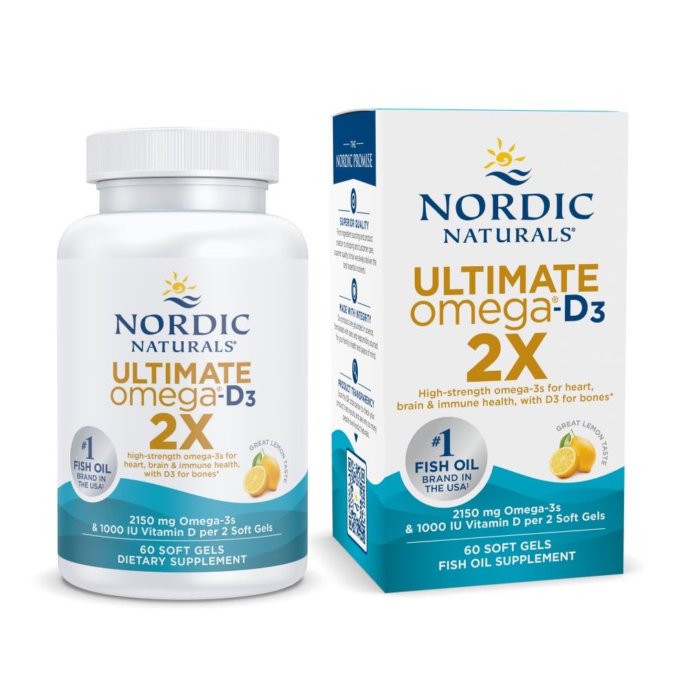 Nordic Ultimate Omega 2X dengan Vitamin D3, Lemon Flavor - 60 Soft Gels - 2150 mg Omega-3 + 1000 IU D3 - EPA & DHA - Otak, Hati, & Imune Kesehatan - 30 Hamba