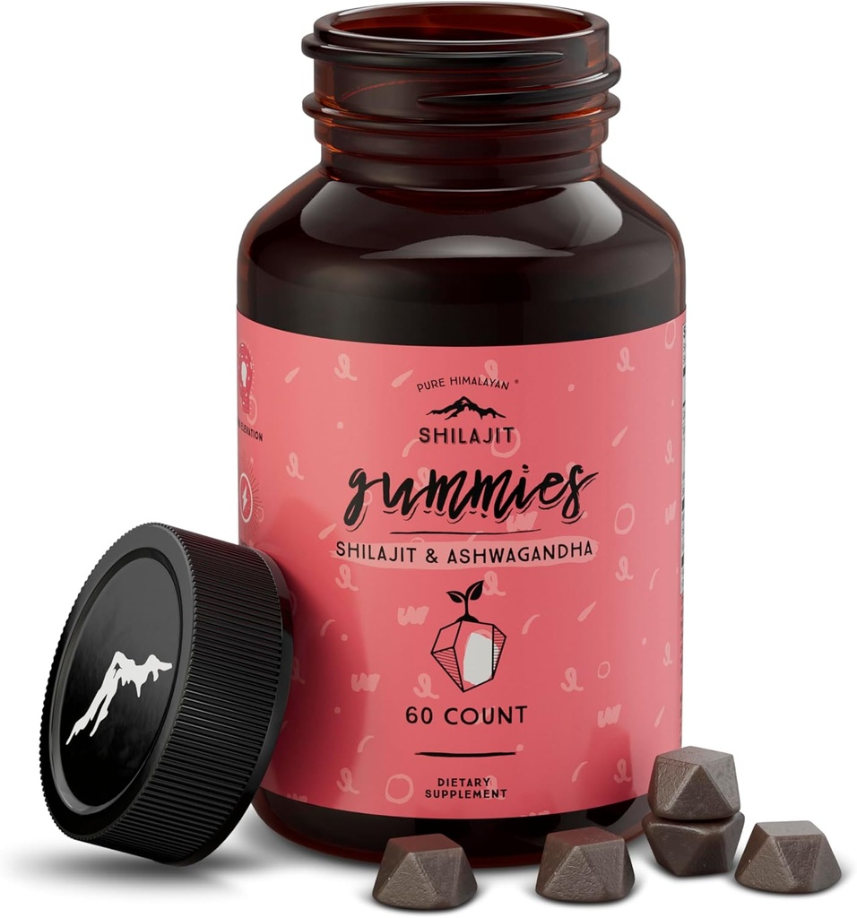 Himalaya murni Shilajit Gummies, Sugar- Bebas, 85 + Trace Minework & Fulvic Acid for Energy, Metabolisme & Imune Dukungan, Shilajit untuk Pria & Perempuan, Ashwaghanda Gummies (60 Count)