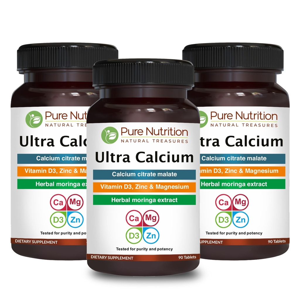 Nutrition Ultra Calcium 1000mg murni dengan VIT D3 + K2 124; 270 Tabs (90 X Pack of 3); Supcubable Calcium Citrate Malate, VIT D3, K2, Moringa Oleafera, Magnesium dan Zinc.