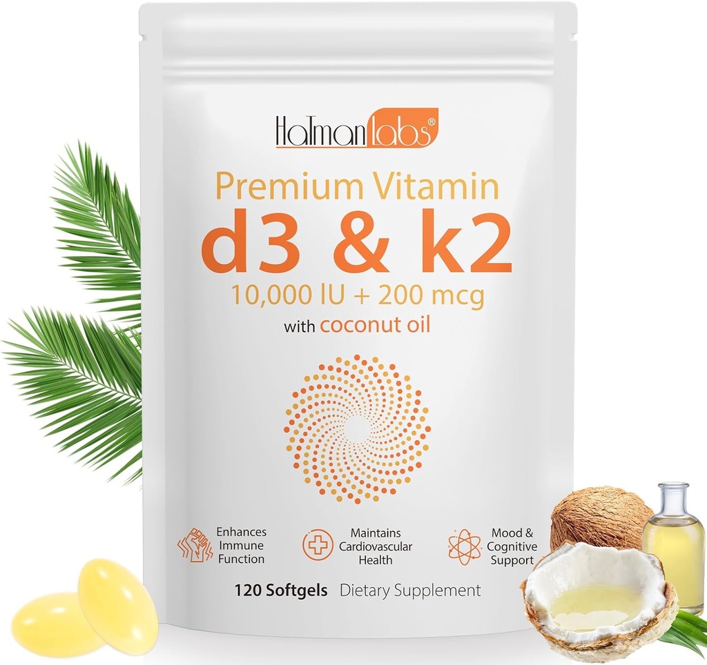 Vitamin D3 K2 Sufflement Softgel, 2-in- 1 Incro Ingredians Vitamin D3 100000 IU + 200 MCG Vitamin K2, Coconut Oil Softgel, Free of GMO, Suftgel (120 Pcs)