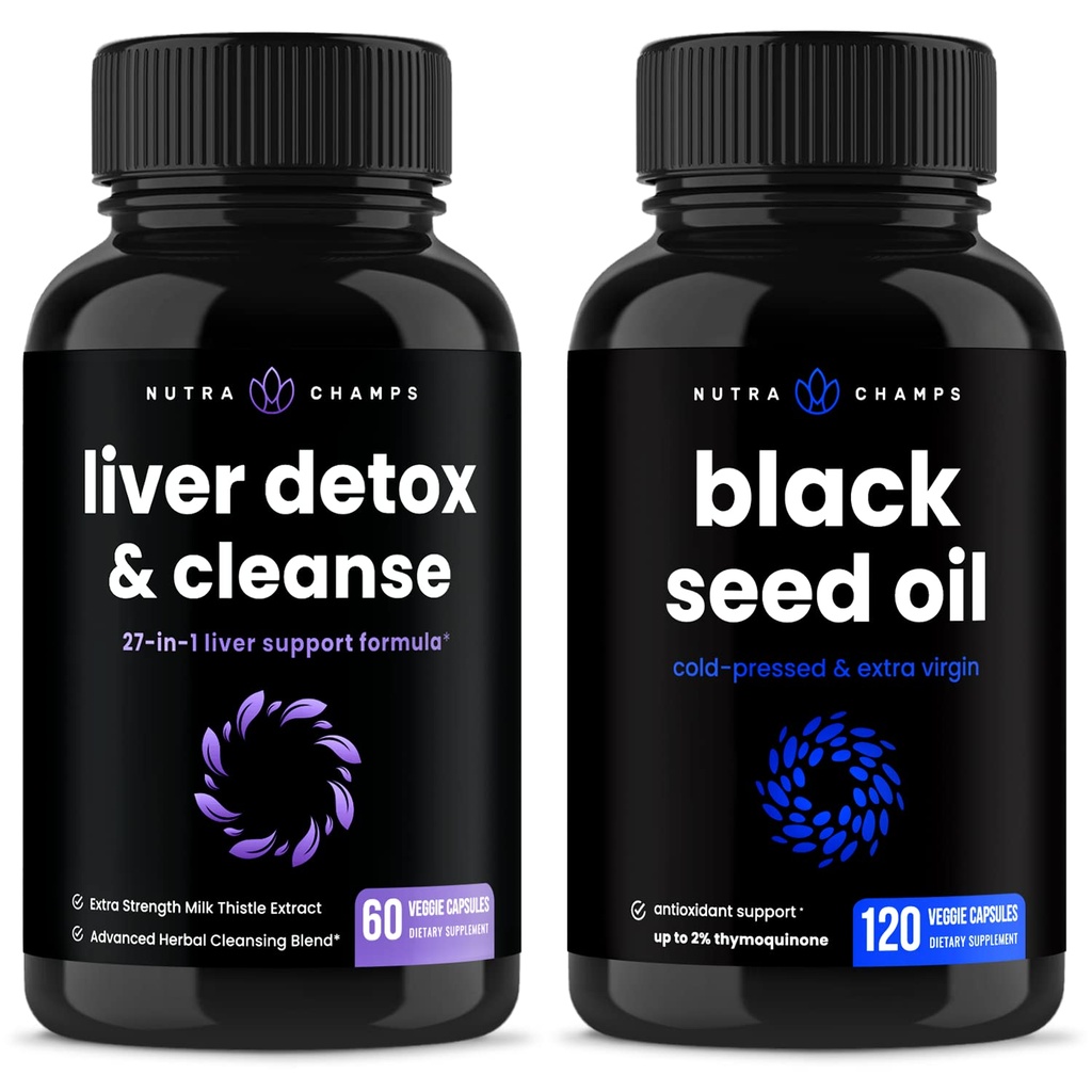 NuttraChamps Liver Cleanse Detox dan Black Seed Oil Capsules Bundle