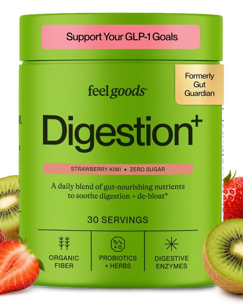 Feel Goods Gut Guardian, Organic Fiber, Probiotic & Prebiotic Powder, Sugar Free, Herbs for Bloat, Gut Health Support, Digetical Health for Men & Women, Non GMO, Vegan, Strawberry Kiwi, 30 Servis