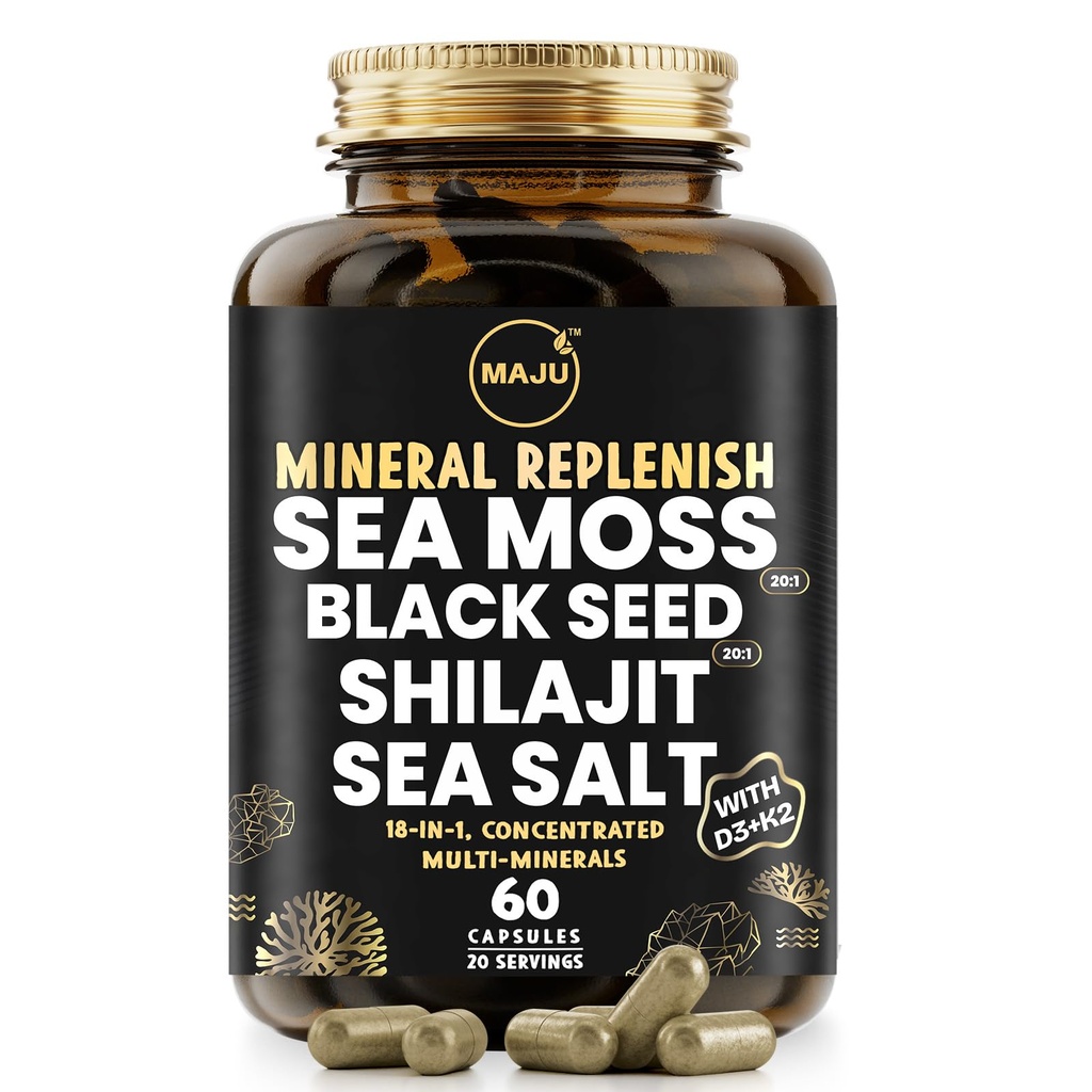 Magu Superfood 18-1 Moss Laut, Benih Hitam, Shilajit, Sea Salt + D3 & K2, Ekstraksi Terkonsentrasi, Trace Multi Mineral Kapsul, untuk Supplemen Pria & Perempuan Listrik Mineral