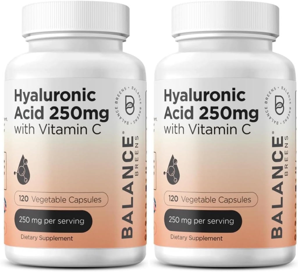 Suplemen Asam Hyaluronic Murni 250mg dengan Vitamin C 50mg, 120 Vegan Capsules - Skin Hydration untuk Natural Glow, Hair, Nails, Bone & Joint Health Formula