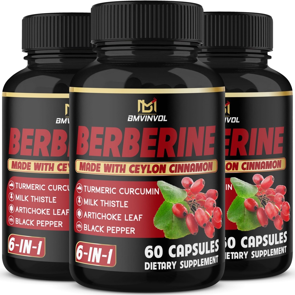 (3 Packs) Suplemen Berberine Plus Cinnamon Ceylon, Milk Thistle, Turmeric, Leaf Artichoke, Peppe Hitam - 6 Bulan Pasokan - 180 Kapsul Total