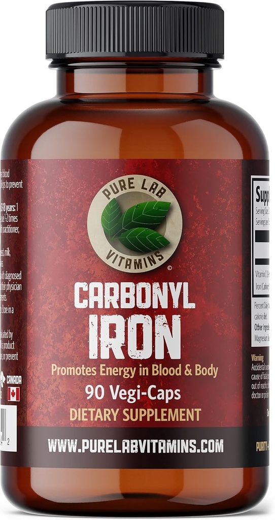 Lab Murni Vitamin Carbonyl Besi - 90 Vegan Caps Unique Formulasi Besi Metalik dengan VIT C, Superior Bioavability - Non-Constipating, Mendukung Formasi Sel Darah Merah Dibuat di Kanada