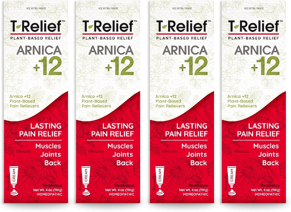 T-Relief Arnica + 12 Cream Natural Relieving Actives for Back Pain Journess Muscle Aches & Stiffness, Whole Body Fast Acting Relief for Women & Men - 4 oz (4 Pack)