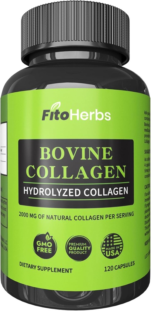 Vegan Bovine Collagen Kapsul - Suplemen Kuat untuk Pria & Perempuan - Koleksi Bovine Terhidrolized untuk Bersama, Nerve & Bone - Grass Fed, Non-GMO - 120 Capsules