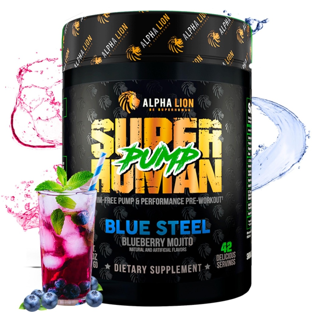 ALPHA LION Superhuman Pump Pre Workout Powder, Nootropic Caffeine & Stim Free Pretraining Suplemen, Nitric Oxide Booster, Muscle Gainer, Energy & Focus (42 Servings, Blueberry Steel Flavor)