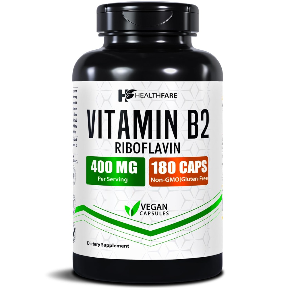 Healtfare Vitamin B2 Riboflavin 400mg = 124; 180 Veg Capsules; Suplemen 124; Gluten- Bebas 124; Non-GMO