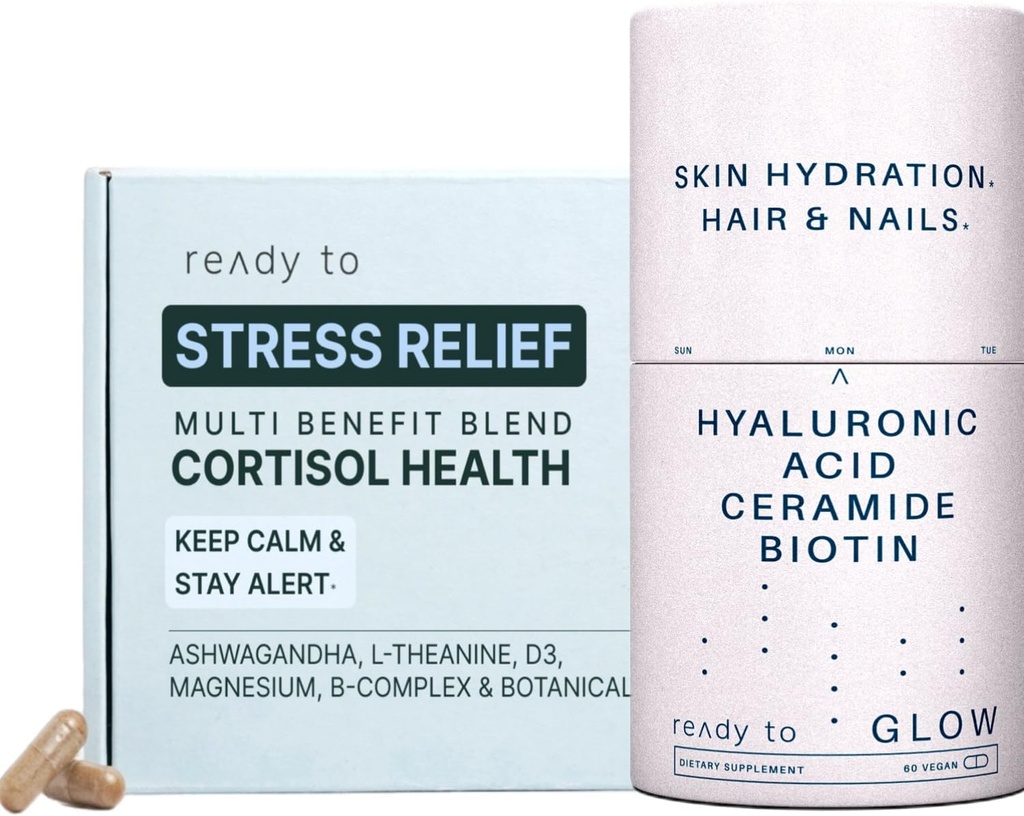 Skin & Stress Relief Set NAR14; Cortisol Health & Anti- Aging Suplemen dengan Ashwagandha, Acid Hyalanic, Ceramides, Biotin Antioksidants: 124; Tenang, Skin & Rambut Dukungan