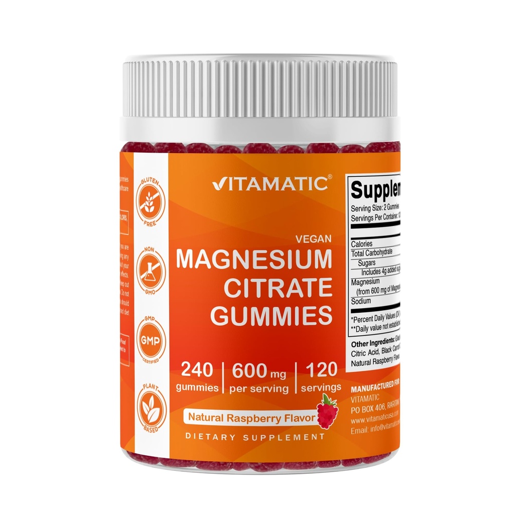 Vitamin Magnesium Citrate Gummies 600mg per Serving - 240 Vegan Gummies - Natural Raspberry Flavor - Absorpsi Tinggi Magnesium Support Nerve, Bone and Muscle Health