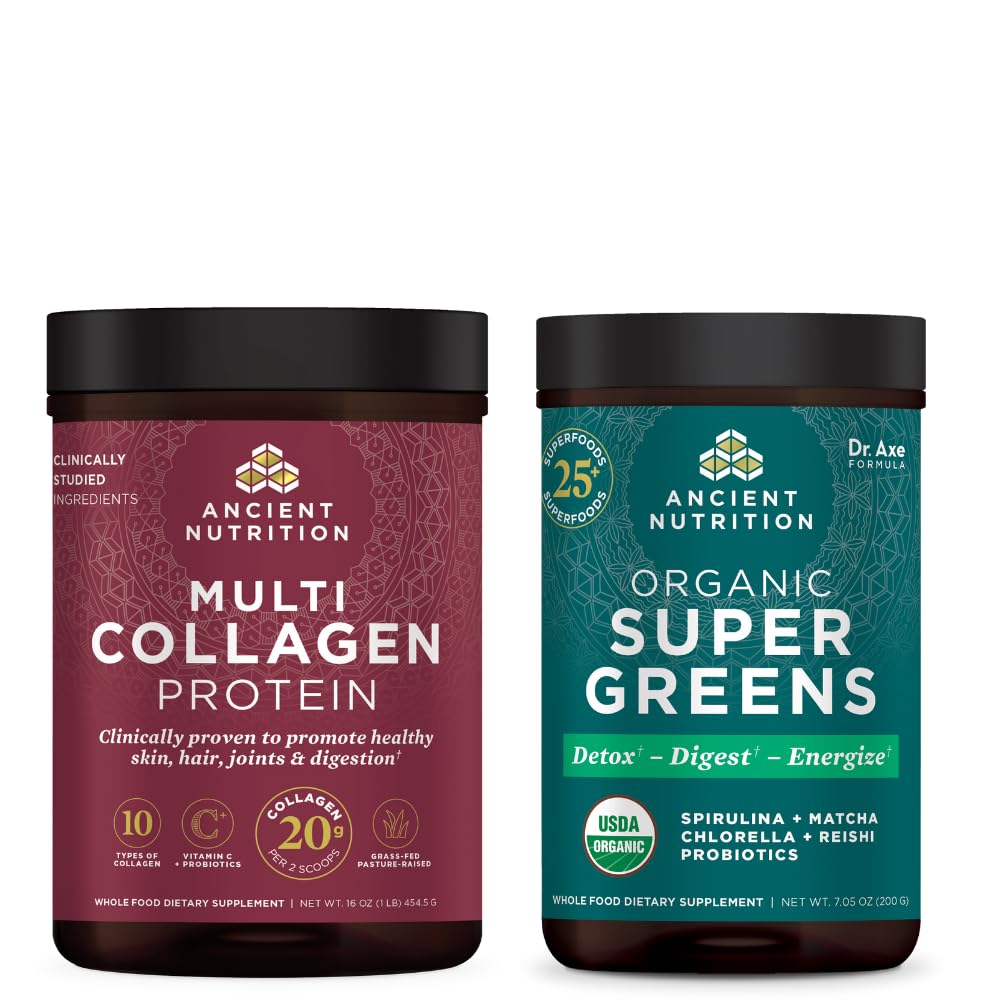 Bubuk SuperGreens Organik Nutrition Kuno, 25 Serbu, + Multi Collagen Protein Powder, Tanpa rasa, 45 pelayan