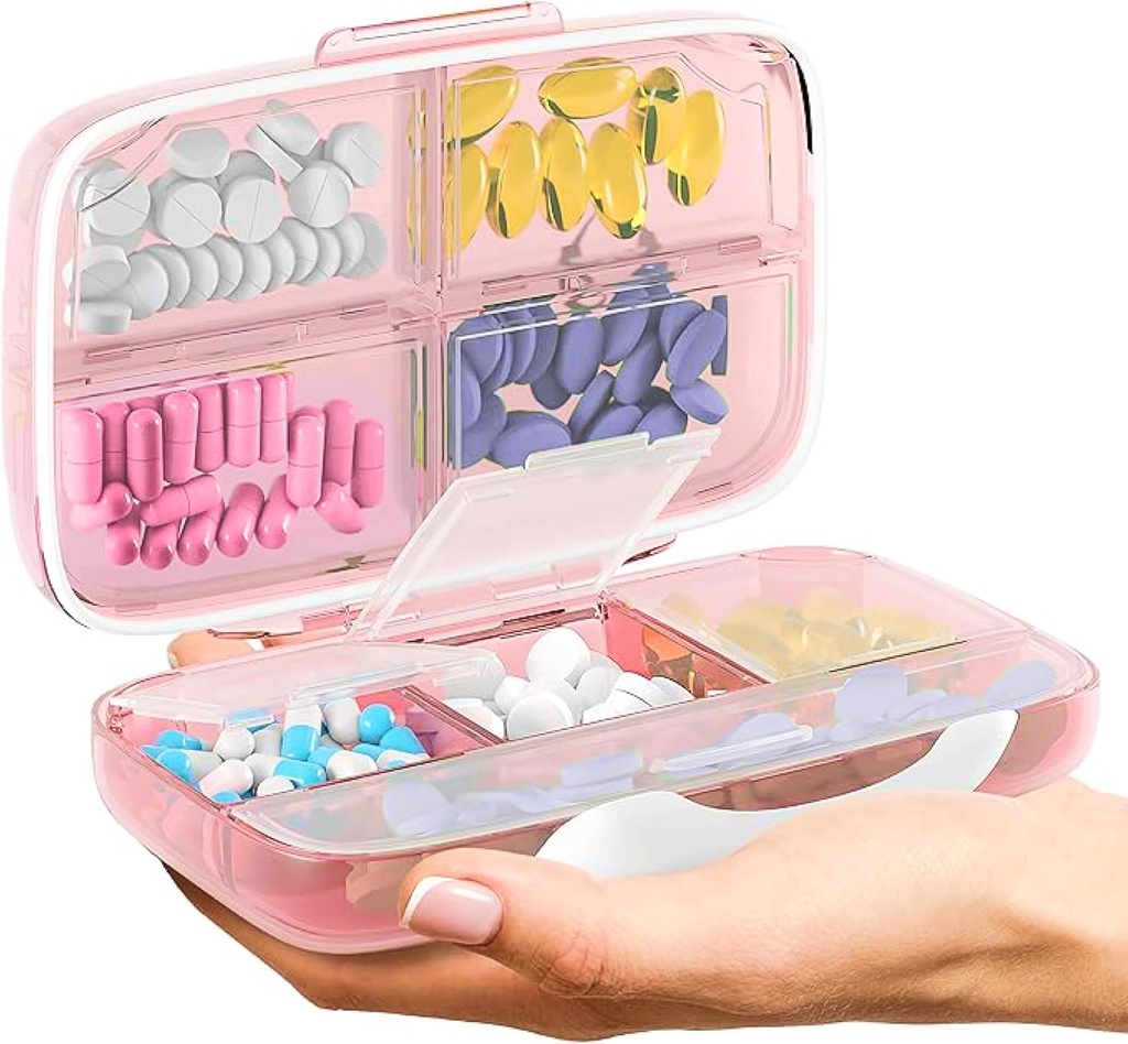 Travel Pill Organizer - Kasus Kedokteran Airtight untuk Traveling Portable Pharmacy Box dengan Label Vitamin Container 8 Tambahan Obat Taktik Besar (Pink)