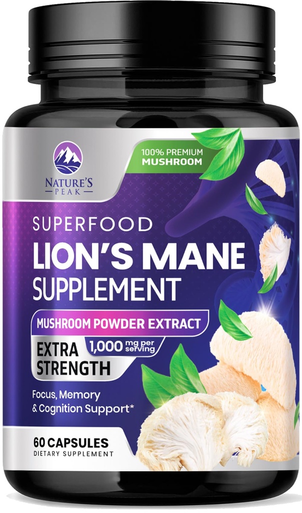 Lions Mane Mushroom Capsules 10.000mg - Lions 's Mane Pasokan Kasules for Memory and Focus Dukungan, Brain, Dukungan Kesehatan Ammune, Vegan, Botol di Amerika Serikat, Ekstrak Mee Mushroom, 60 Count