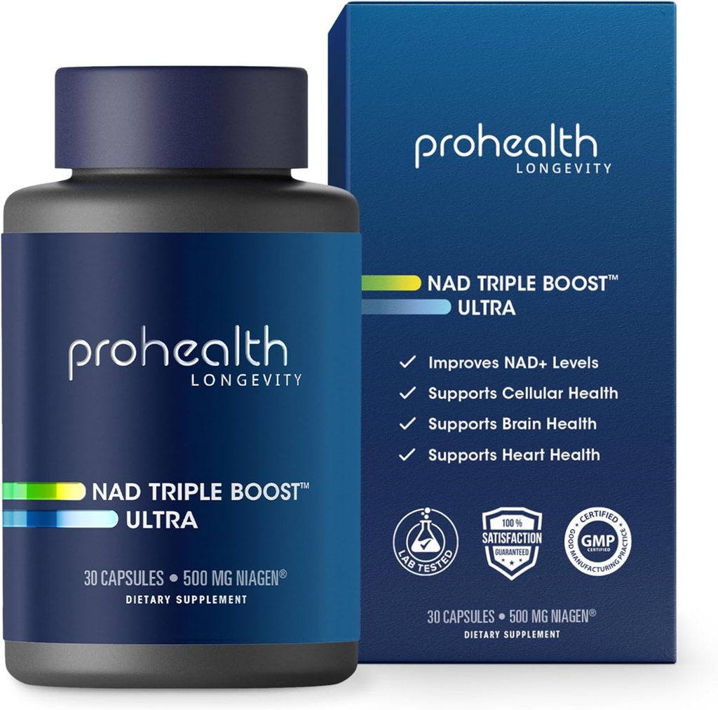 ProHealth NAD Triple Boost Ultra + 500mg Niagen NR. Memproyeksikan Umur-panjang, Kesehatan Hati dan Otak, Mengaktifkan Sirtuin untuk Pemulihan Sel (30 Hamba)