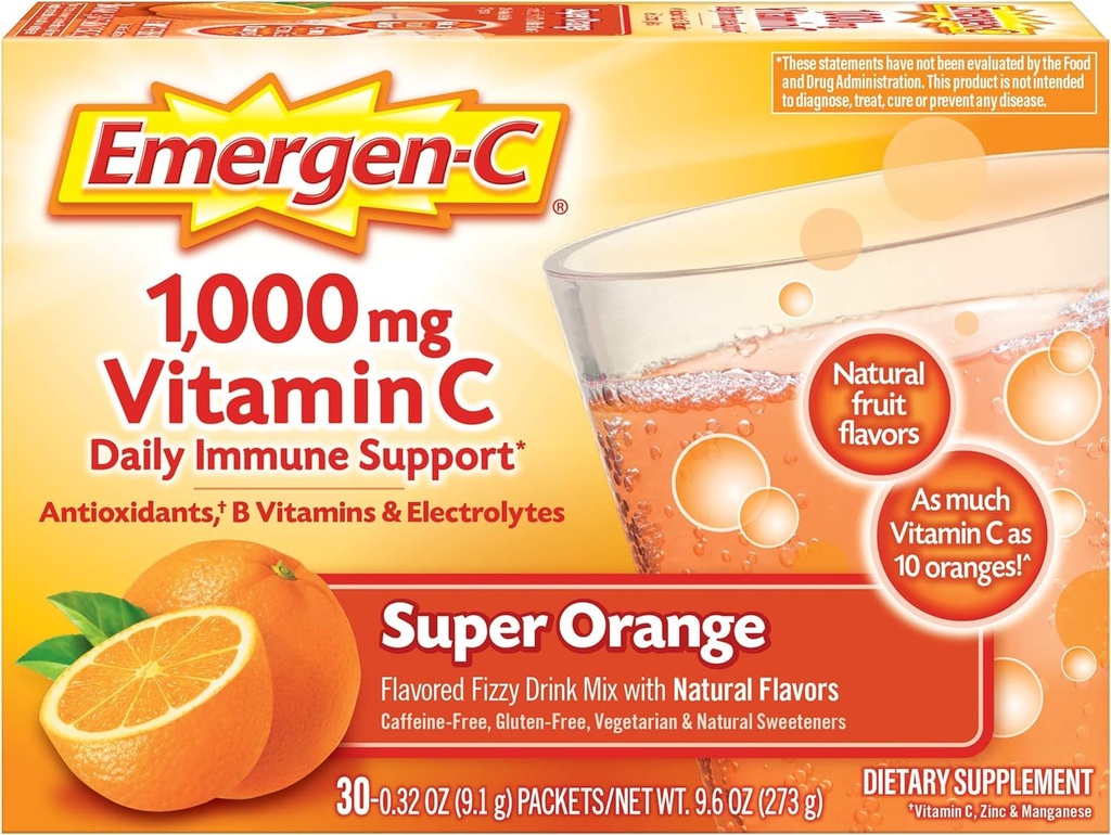 Emergen- C 100mg Vitamin C Powder untuk Daily Imune Dukung Caffeine Free Vitamin C Suplemen dengan Zinc dan Manganese, Super Orange Flavor - 30 Count