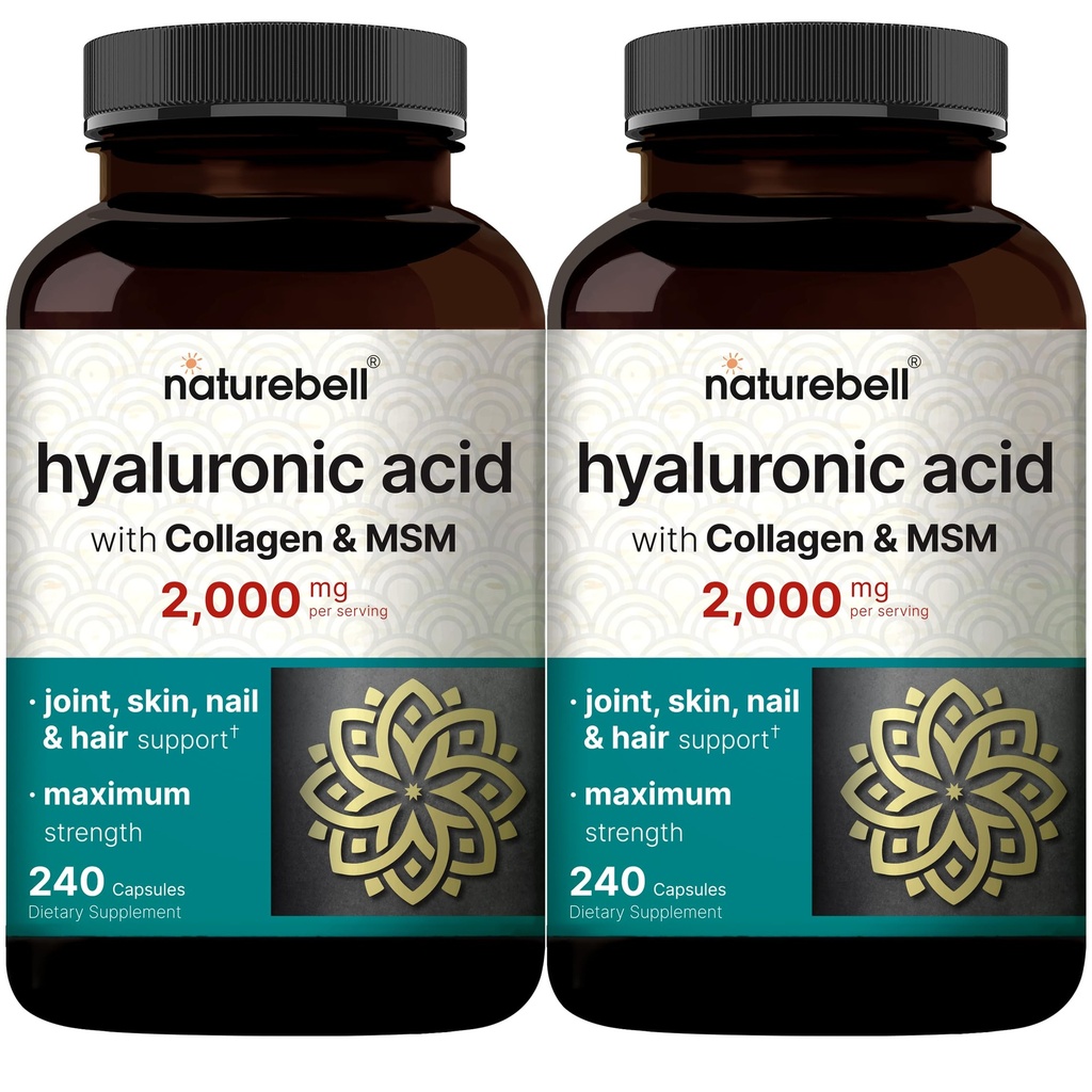 NatureBell 2 Pack Hyaluronic Acid Suplemen 2.000 mg 124; 480 Total Kapsul, dengan MSM & Hydrolyzed Bovine Collagen - 3 dalam 1 Dukungan untuk Hidration Skin, Lubrikasi Bersama, Rambut, dan Kesehatan Mata