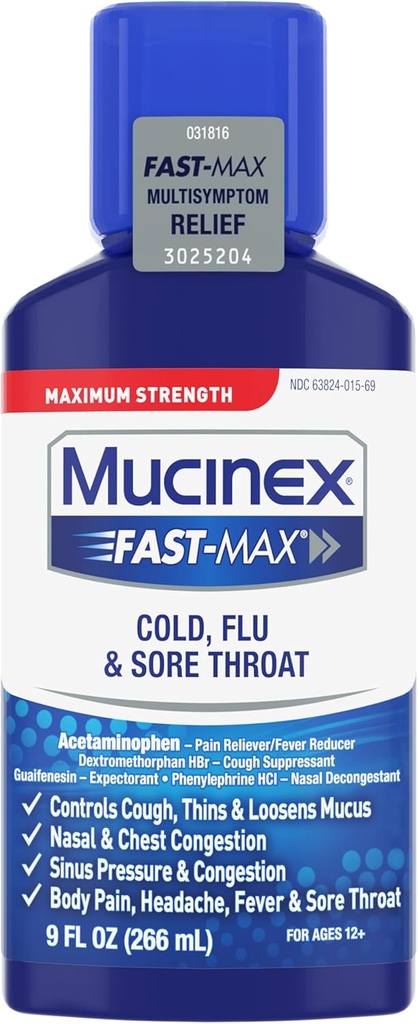 Mucinex Cold, Flu, & Sore Throat Relief Cair, 9 Fl Oz