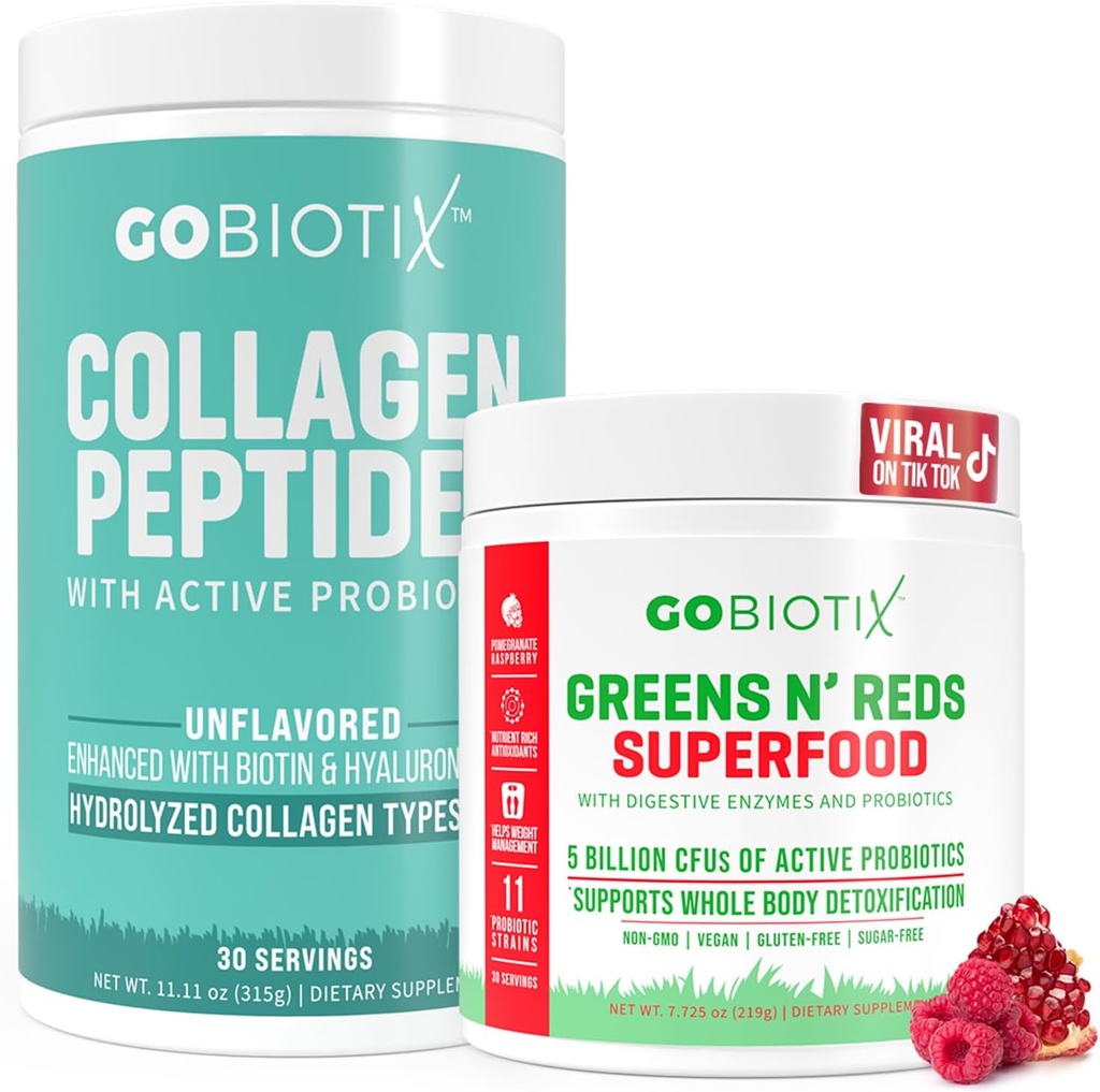 GOBIOTIX Super Greens & Collagen Bundle - Vitalitas Boost with Organic Spirulina & Hair- Skin- Nails Dukungan - 30 Hamba Masing-masing