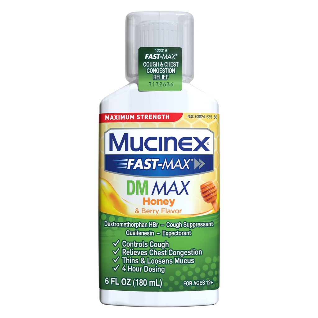 Mucinex Fast- Max Maximum Power DM MAX, Symptom Relief, Cough Supresant dan Expectorant, Honey & Berry Flavor, 6 FL OZ
