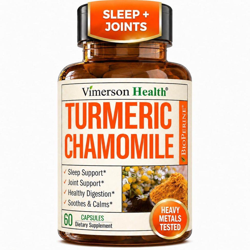 Suplemen Turmeric & Chamomile Kapsul untuk Tidur - Suplemen Tidur Turmerik Organik dengan Ekstrak Bunga Chamomile (Manzanilla) - Relaksasi & Stress Dukungan - Gabungan & Kesehatan Digetical. 60 Kapsul