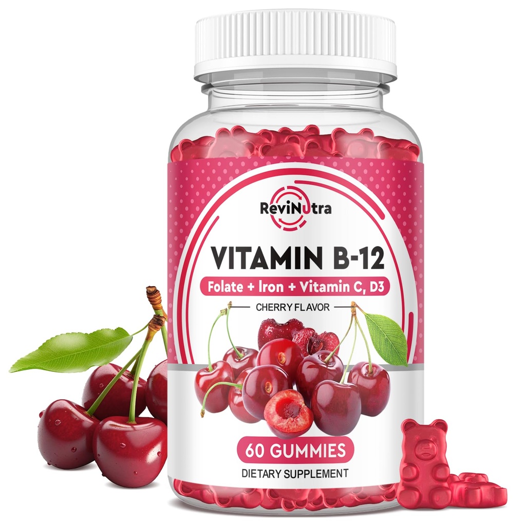 Vitamin B12 Gummies - 5000 mcg Methylcobalamin dengan Besi, Vitamin C, D3 & Folate, Dukungan Energi dan Metabolisme, Imune, B-12 Supplemen Kompleks untuk Pria & Perempuan, Vegan - 60