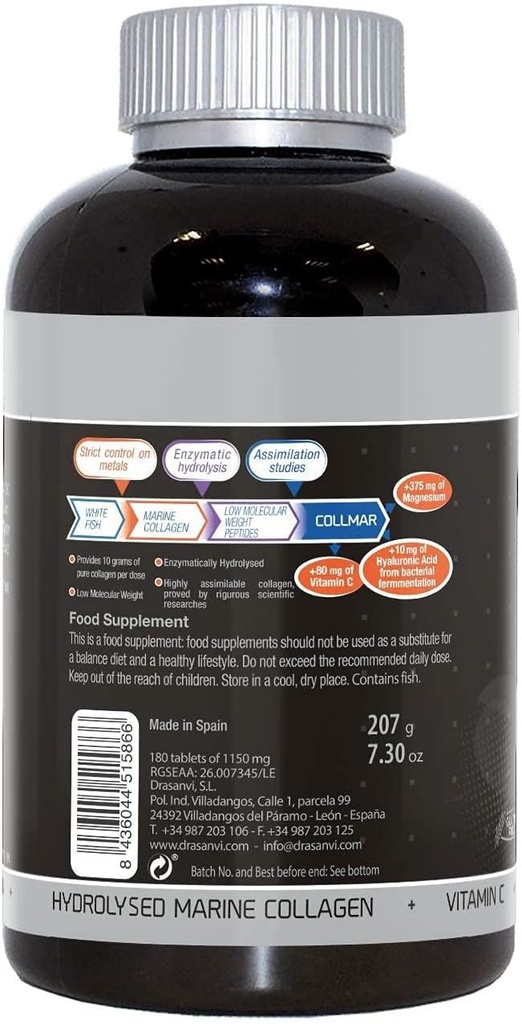 Drasanvi (2 Pack) COLMAR Hydrolyzed Marine Collagen dengan Magnesium 180 Tablet - untuk Healthy Skin Cartilage, Bones and Muscles