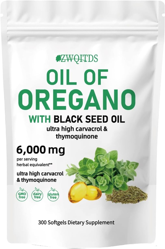 Minyak Oregano dengan Minyak Benih Hitam 2- 1 Softgels 6000mg 300 Count Non- GMO Immune Dukungan Herbal Formula