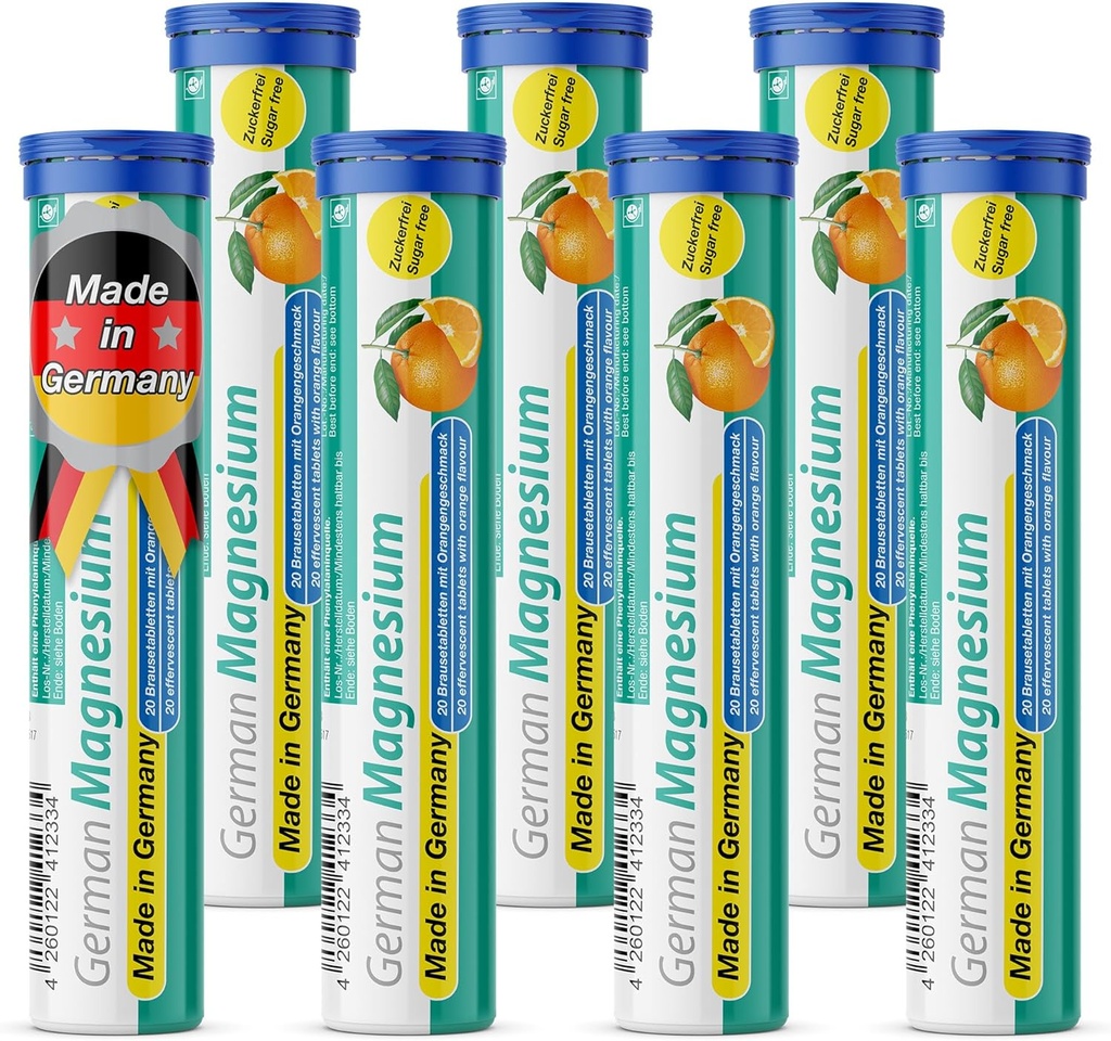 Suplemen Magnesium Oxide Jerman: 124; Tablet Effervescent: 124; Oranye Flavor - 200 mg Magnesium per Serving 124; Gula Bebas, Vegan - T & D Pharma - Dibuat di Jerman